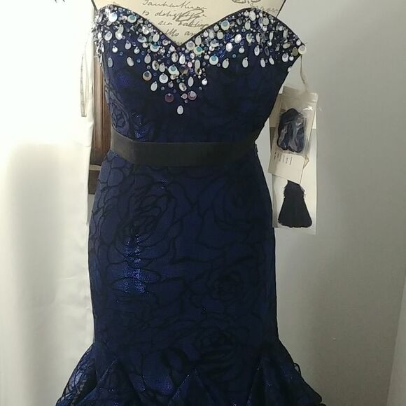 NWT Jasmine Mermaid Style Navy Sequined Strapless Prom Dress 2 - Picture 2 of 10